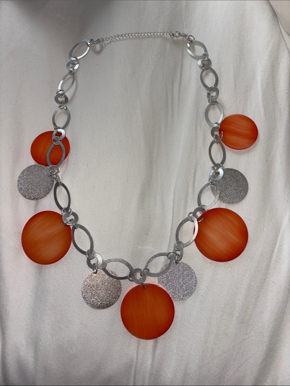 Women's Silver Necklace with Orange Disc Accents